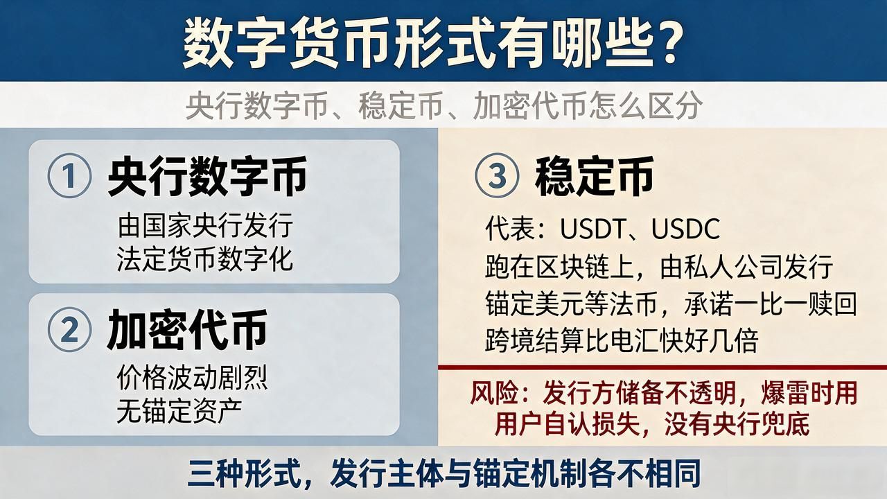 数字货币形式有哪些？央行数字币、稳定币、加密代币怎么区分